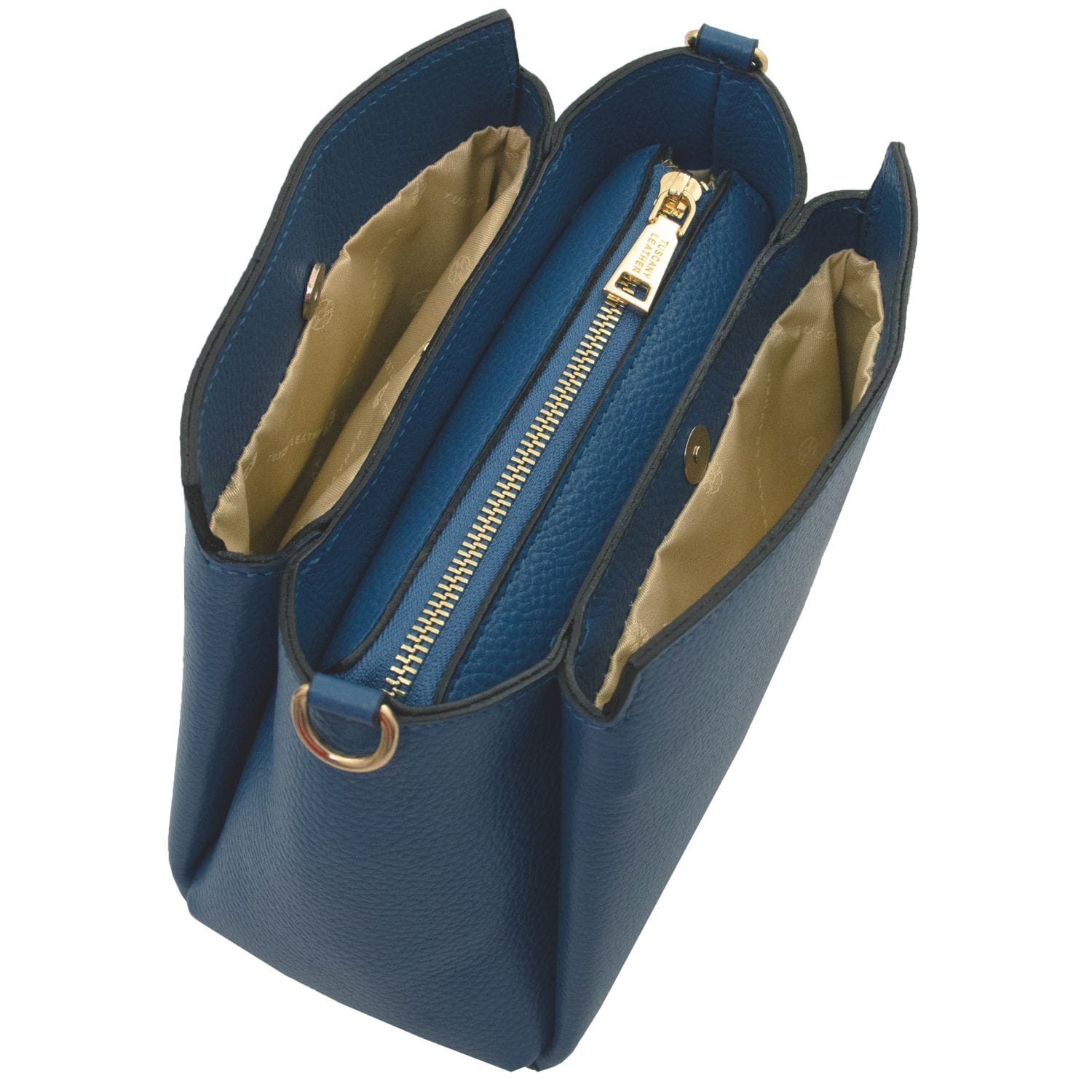 Blue Abby leather shoulder bag opened to reveal two side compartments and a center zip pocket with beige lining.