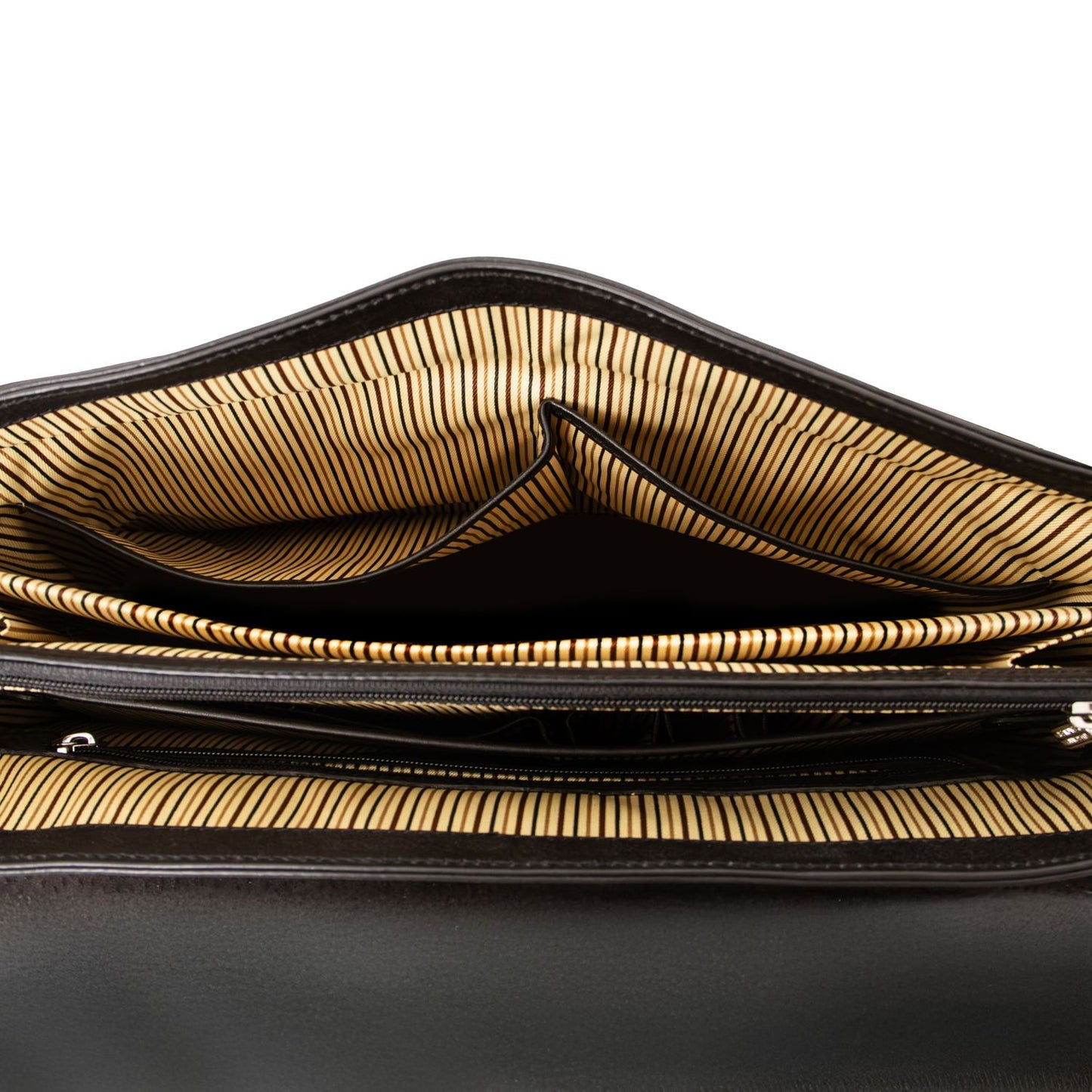 Open interior of Alessandria briefcase showing organized compartments and a zip pocket with striped lining