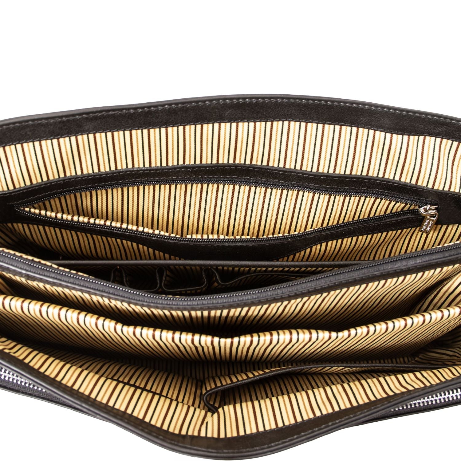 Interior of Alessandria matte leather laptop briefcase with beige striped lining and multiple pockets