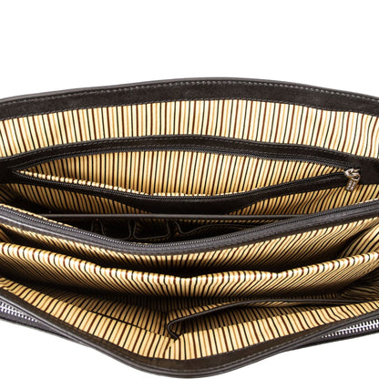Interior of Alessandria matte leather laptop briefcase with beige striped lining and multiple pockets