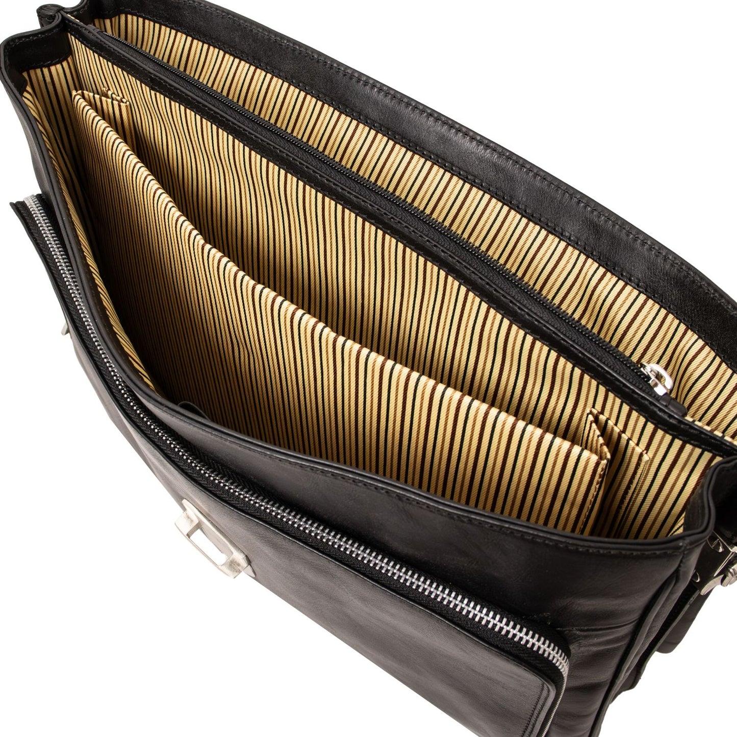 Inside view of Alessandria laptop briefcase with three sections and zippered pocket against tan striped lining.