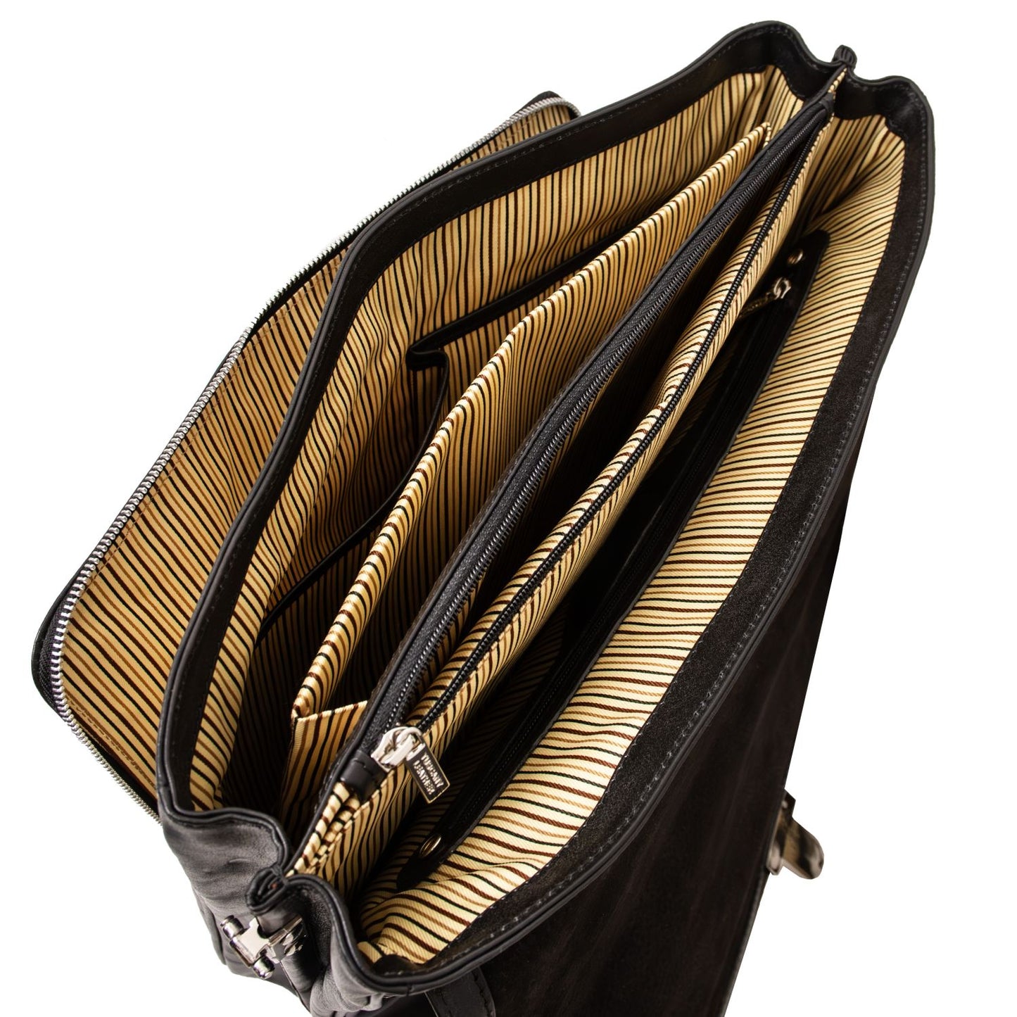 Alessandria matte black leather briefcase opened to show three main compartments and striped beige lining.