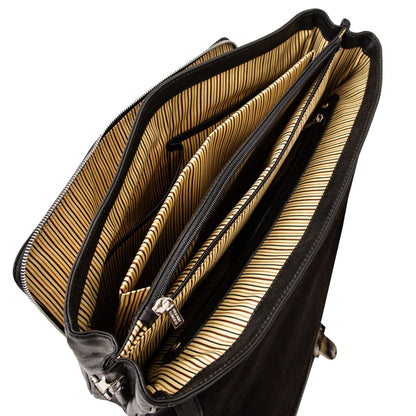 Alessandria matte black leather briefcase opened to show three main compartments and striped beige lining.