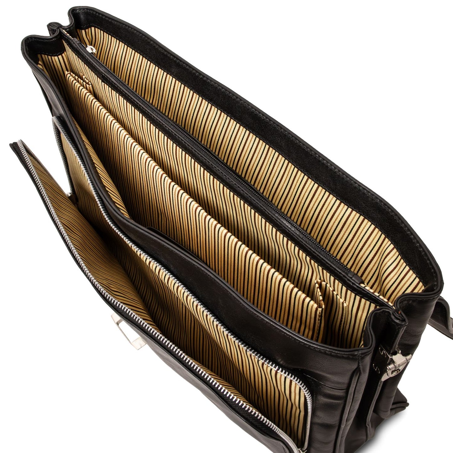 Alessandria matte black leather laptop briefcase opened to reveal multiple compartments with striped tan lining.