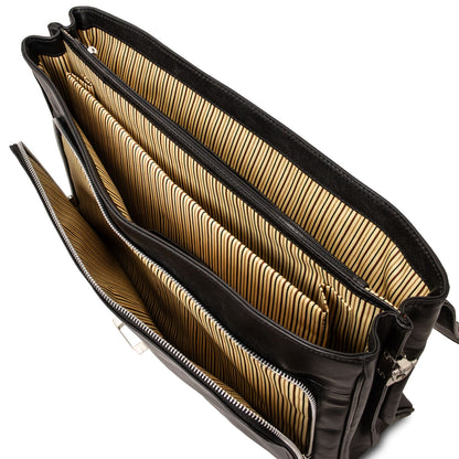 Alessandria matte black leather laptop briefcase opened to reveal multiple compartments with striped tan lining.