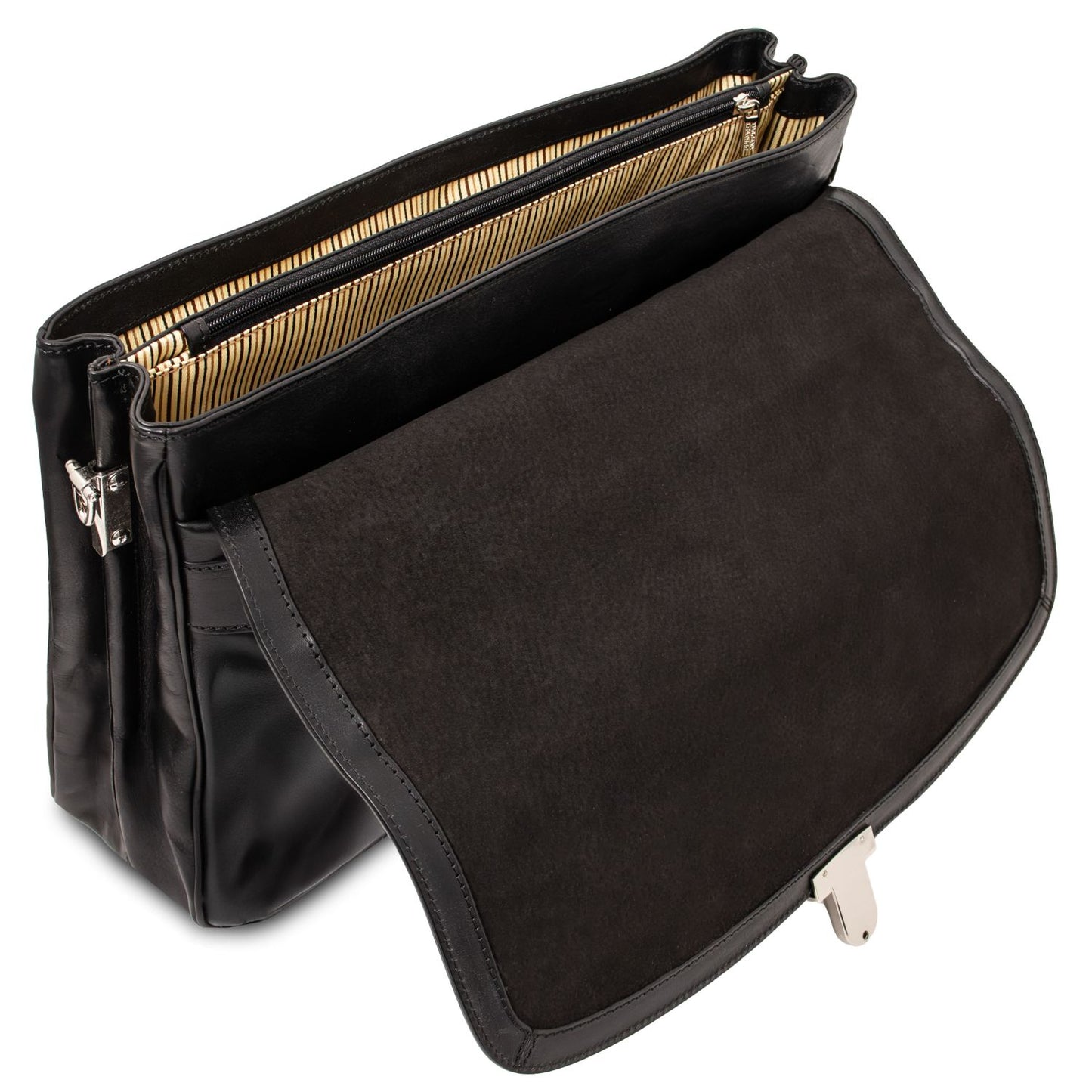 Open Alessandria briefcase revealing dark suede interior and metal latch on the flap
