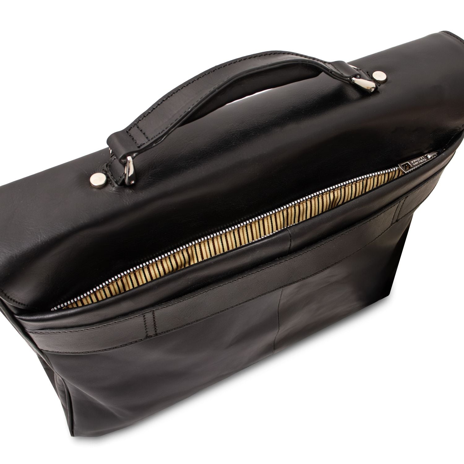 Top view of Alessandria matte black leather briefcase with a zippered opening and tan striped lining