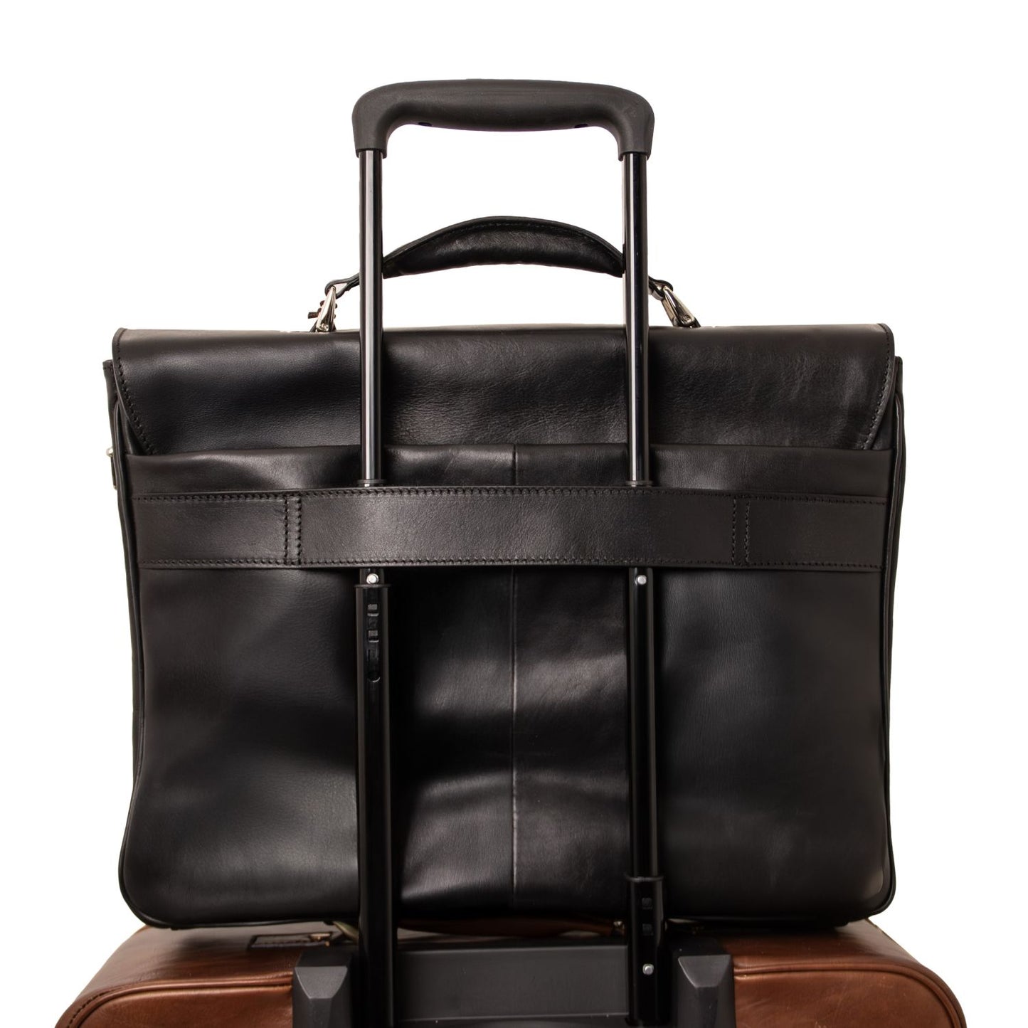 Matte black leather laptop briefcase mounted on a rolling suitcase with an extended telescoping handle