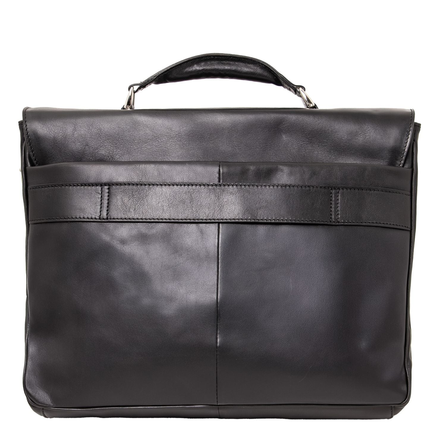Back view of matte black leather laptop briefcase with horizontal stitched strap