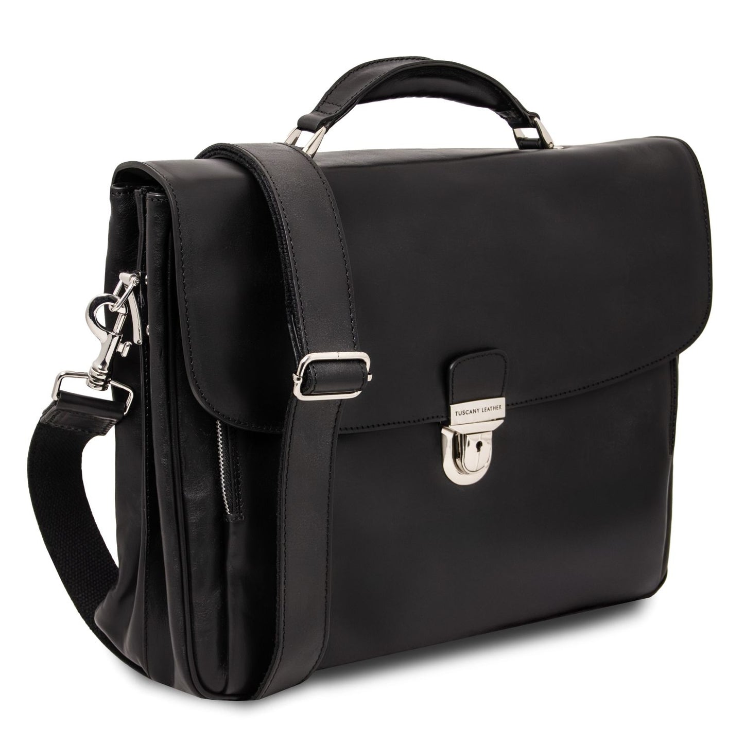 Alessandria matte black leather laptop briefcase with multiple compartments and a detachable shoulder strap