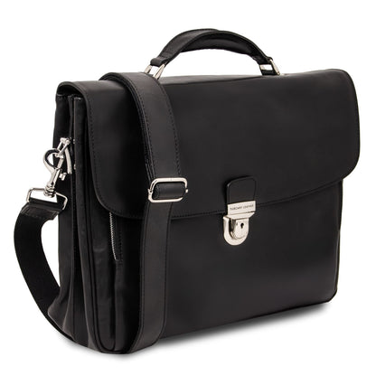 Alessandria matte black leather laptop briefcase with multiple compartments and a detachable shoulder strap