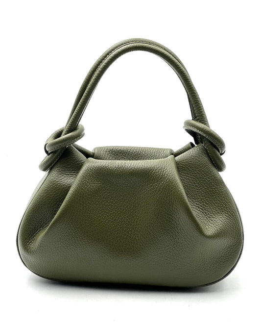 An olive green pebbled leather handbag with a top handle knotted on both sides, shown against a plain white background.