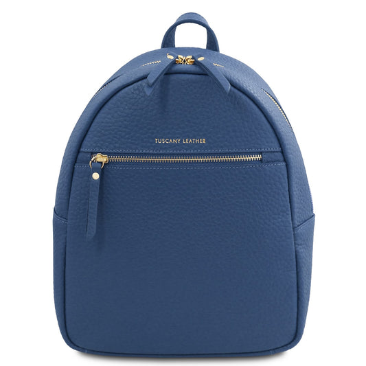 Arco leather backpack in blue with front gold zip pocket and pebbled finish