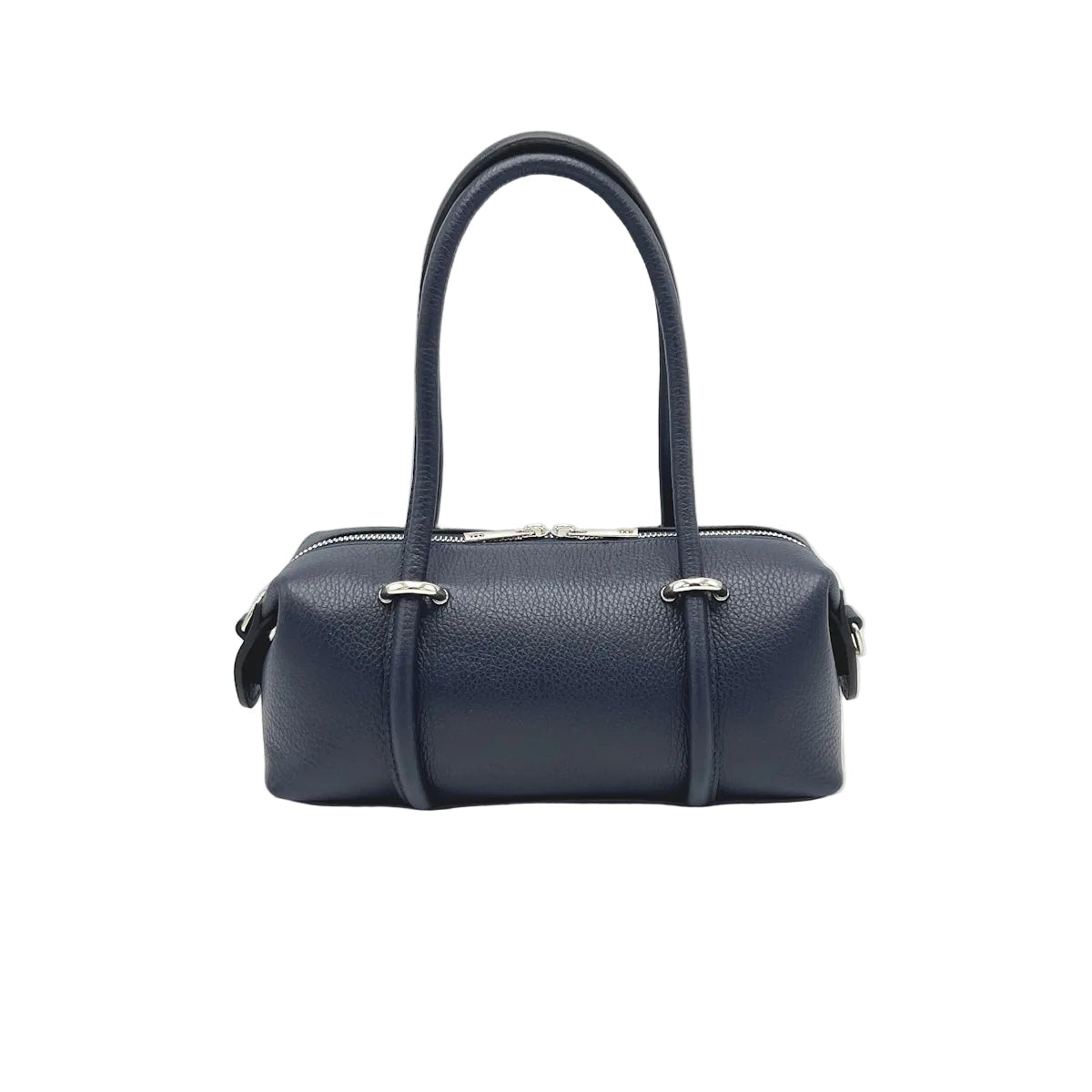 Navy blue handbag with a handle on a white background
