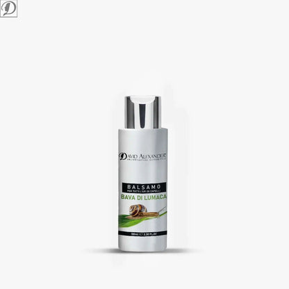 Balsamo capelli alla Bava di Lumaca in flacone bianco con etichetta illustrata lumaca e foglie