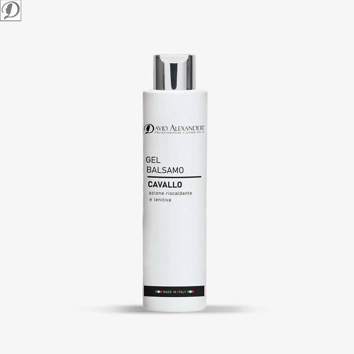 White bottle of Gel Balsamo Cavallo Arnica with pump and Made in Italy label