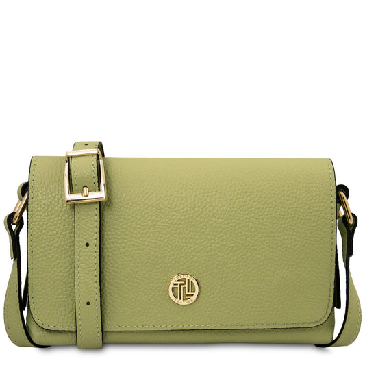 Olive green soft leather shoulder bag with a gold buckle strap and circular gold logo badge on the front