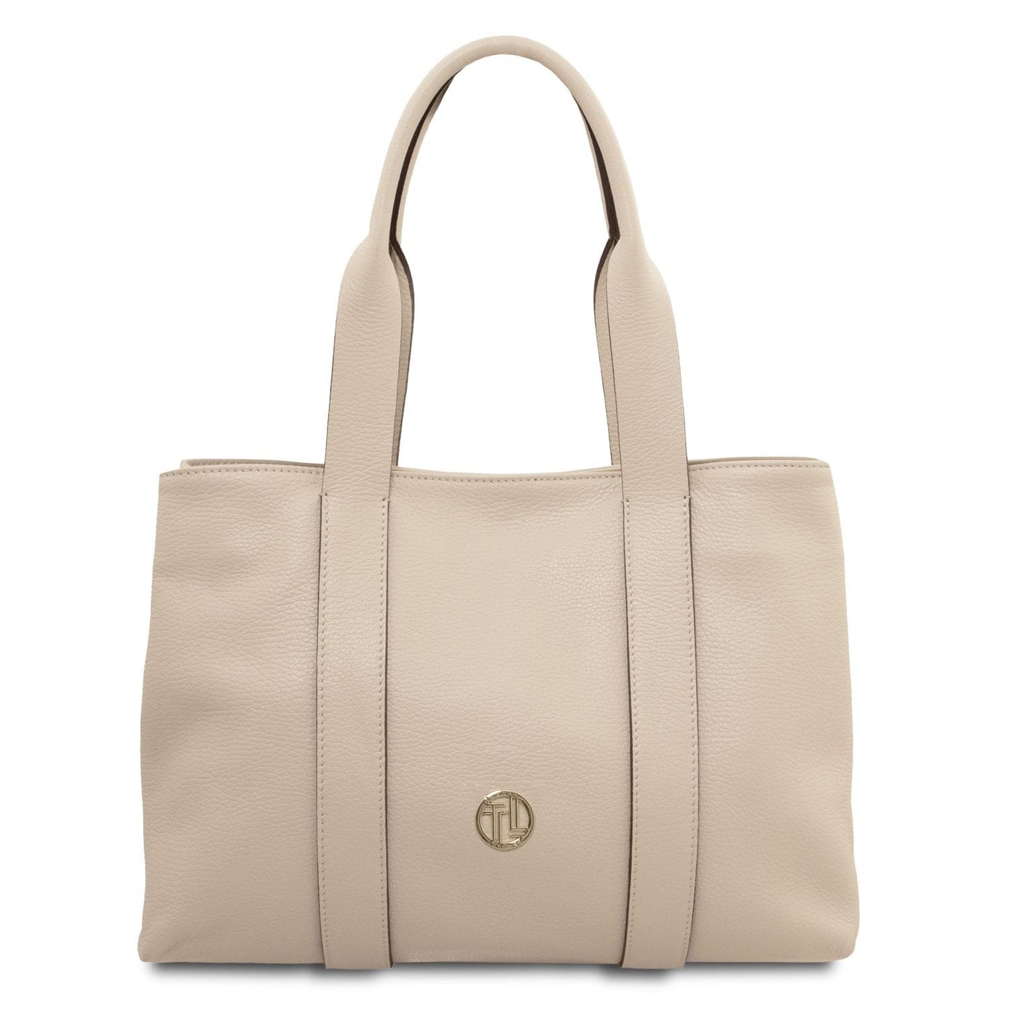 Beige soft leather shoulder bag with two handles and a small gold logo emblem on the front