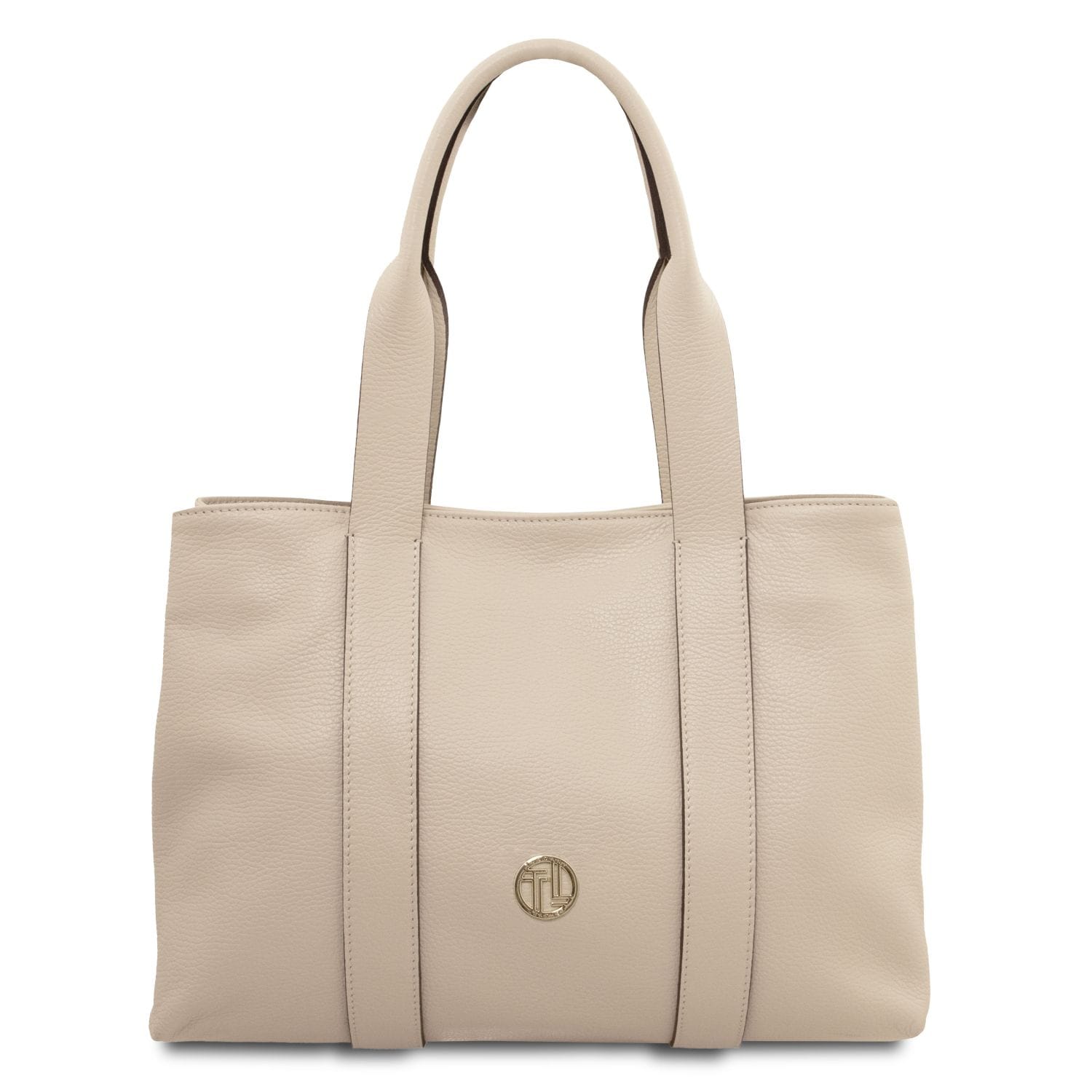 Beige soft leather shoulder bag with two handles and a small gold logo emblem on the front