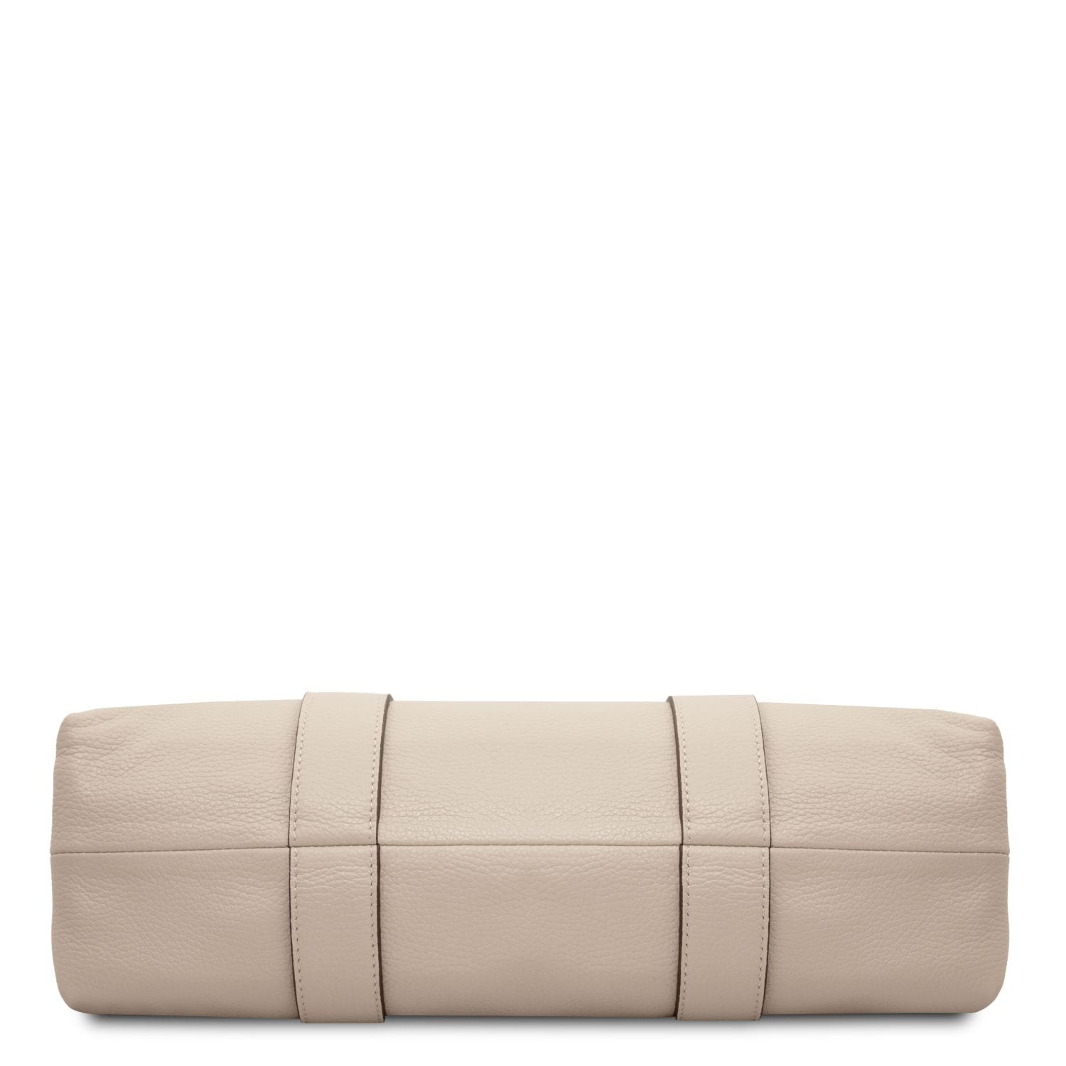 Bottom view of Callie soft leather shoulder bag in beige showing textured leather and stitched straps