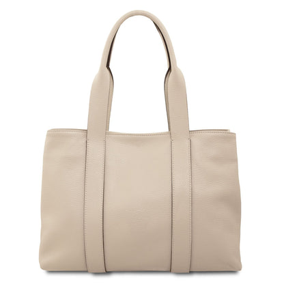 Callie soft leather shoulder bag in beige with two long handles and clean pebble texture