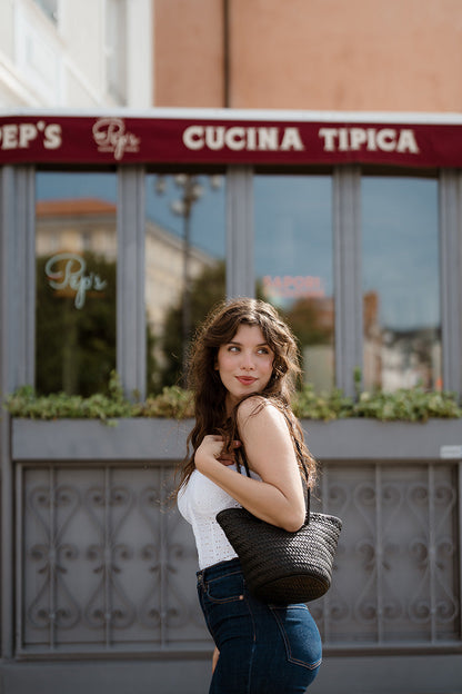 Handbag & Wallet Accessories Carmel - Hand Woven Full Grain Leather Bucket Bag Black San Rocco Italia