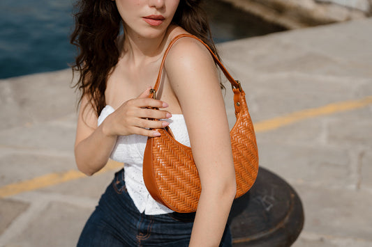 Handbag & Wallet Accessories Carmel - Hand Woven Leather Moon Crescent Bag Brown San Rocco Italia