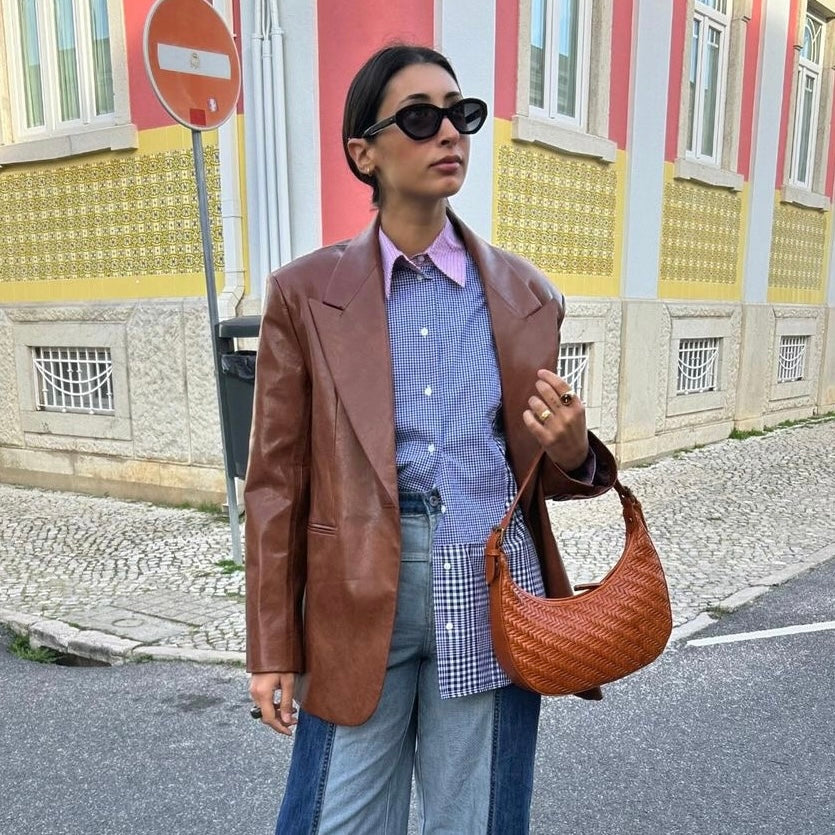 Handbag & Wallet Accessories Carmel - Hand Woven Leather Moon Crescent Bag Brown San Rocco Italia