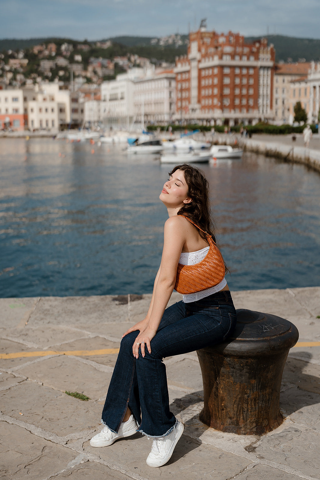 Handbag & Wallet Accessories Carmel - Hand Woven Leather Moon Crescent Bag Brown San Rocco Italia