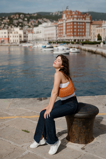 Handbag & Wallet Accessories Carmel - Hand Woven Leather Moon Crescent Bag Brown San Rocco Italia