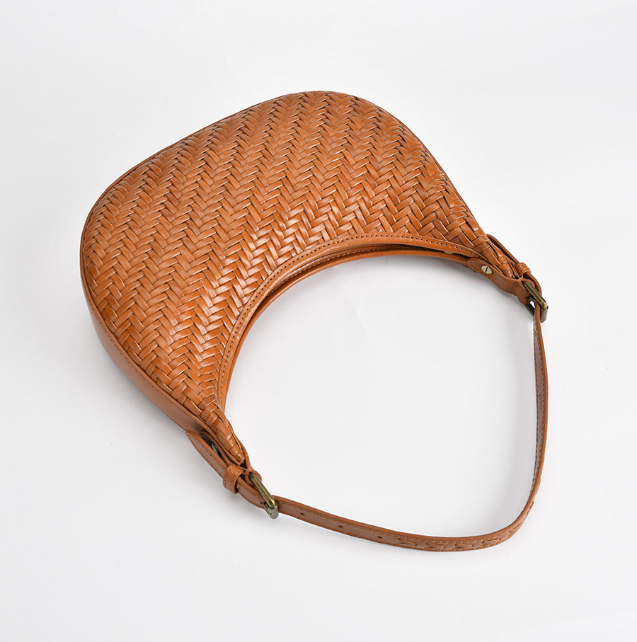 Handbag & Wallet Accessories Carmel - Hand Woven Leather Moon Crescent Bag Brown San Rocco Italia