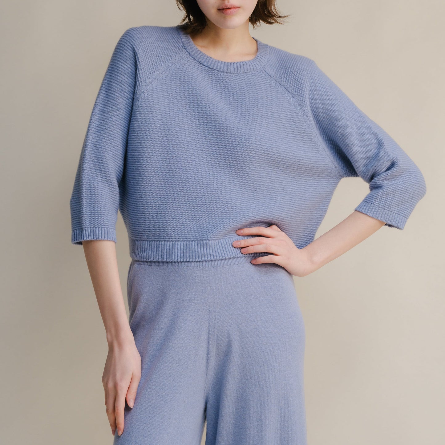 Knitwear Dusty Blue / S Cashmere Mix Cropped 3/4 Sleeve Pullover San Rocco Italia