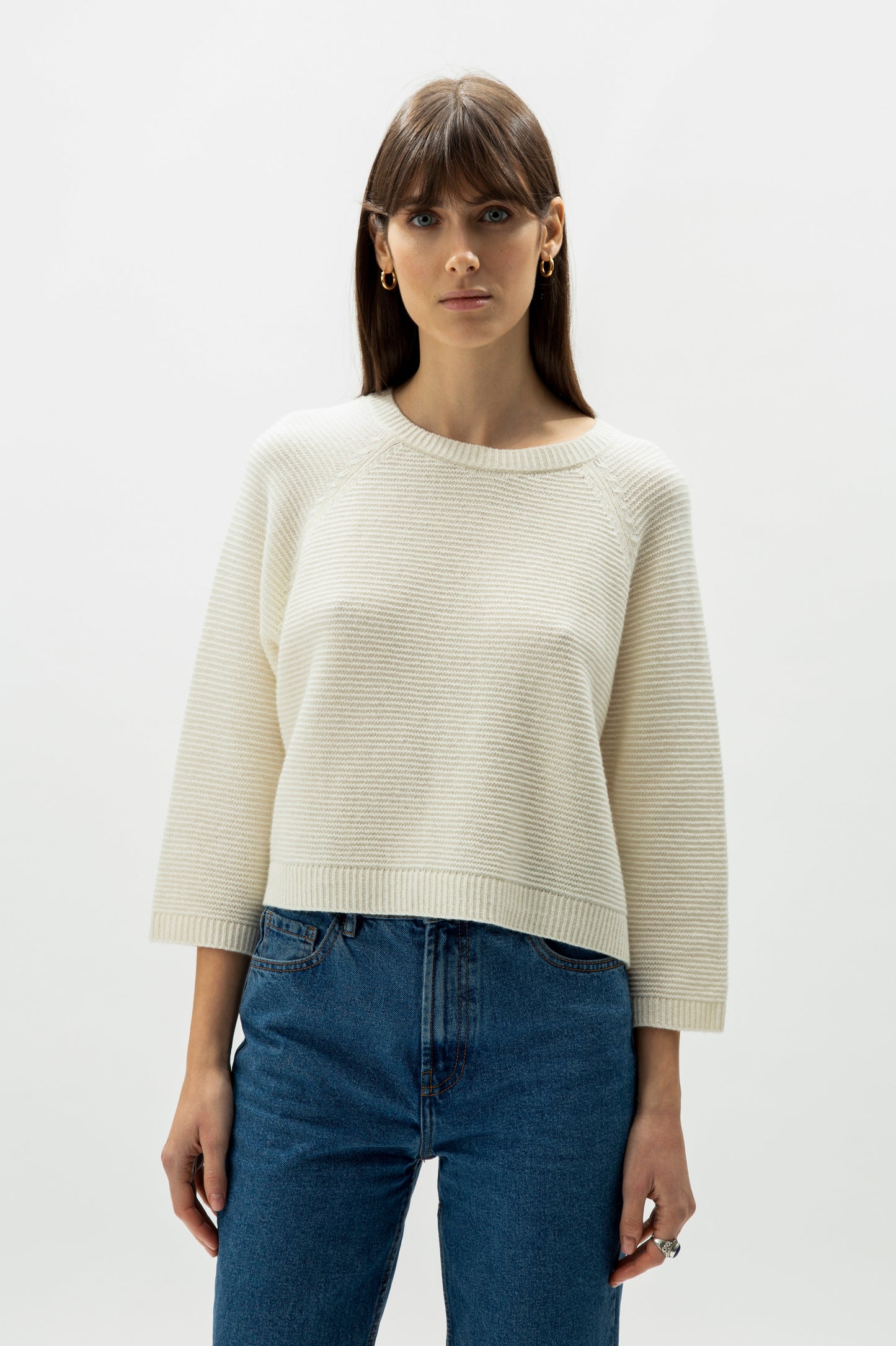 Knitwear Natural White / S Cashmere Mix Cropped 3/4 Sleeve Pullover San Rocco Italia