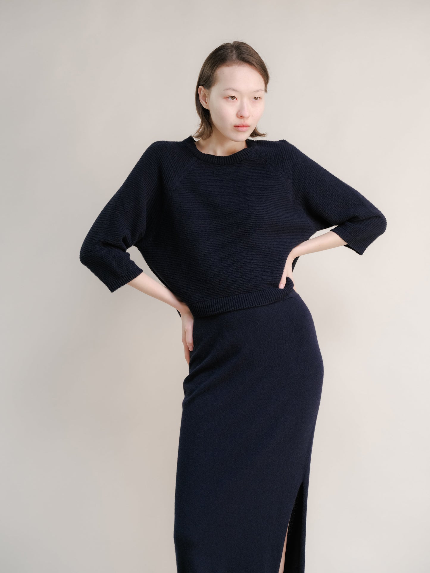 Knitwear Navy / S Cashmere Mix Cropped 3/4 Sleeve Pullover San Rocco Italia