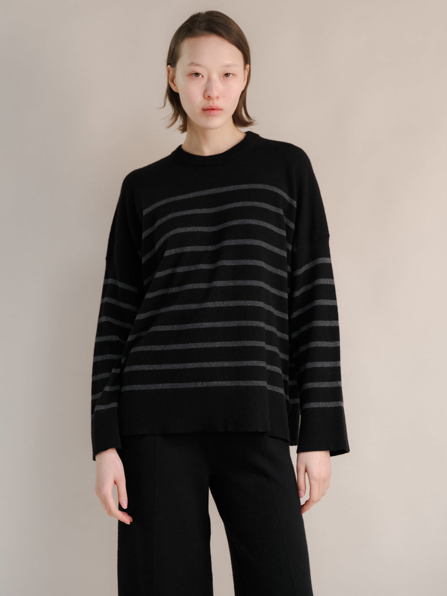 Knitwear Black/Dark Grey / S Cashmere Mix Striped Crewneck Sweater San Rocco Italia