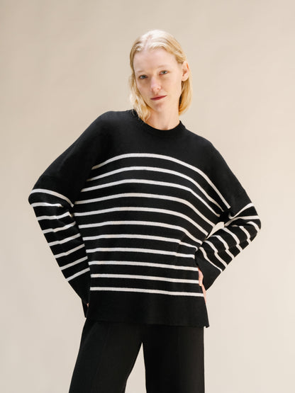 Knitwear Black/Natural White / S Cashmere Mix Striped Crewneck Sweater San Rocco Italia