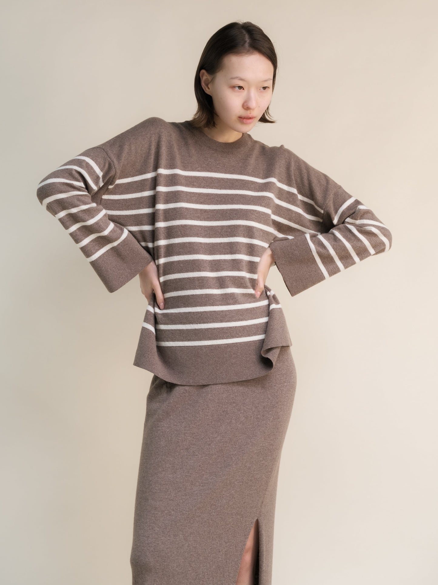 Knitwear Chestnut/Natural White / S Cashmere Mix Striped Crewneck Sweater San Rocco Italia