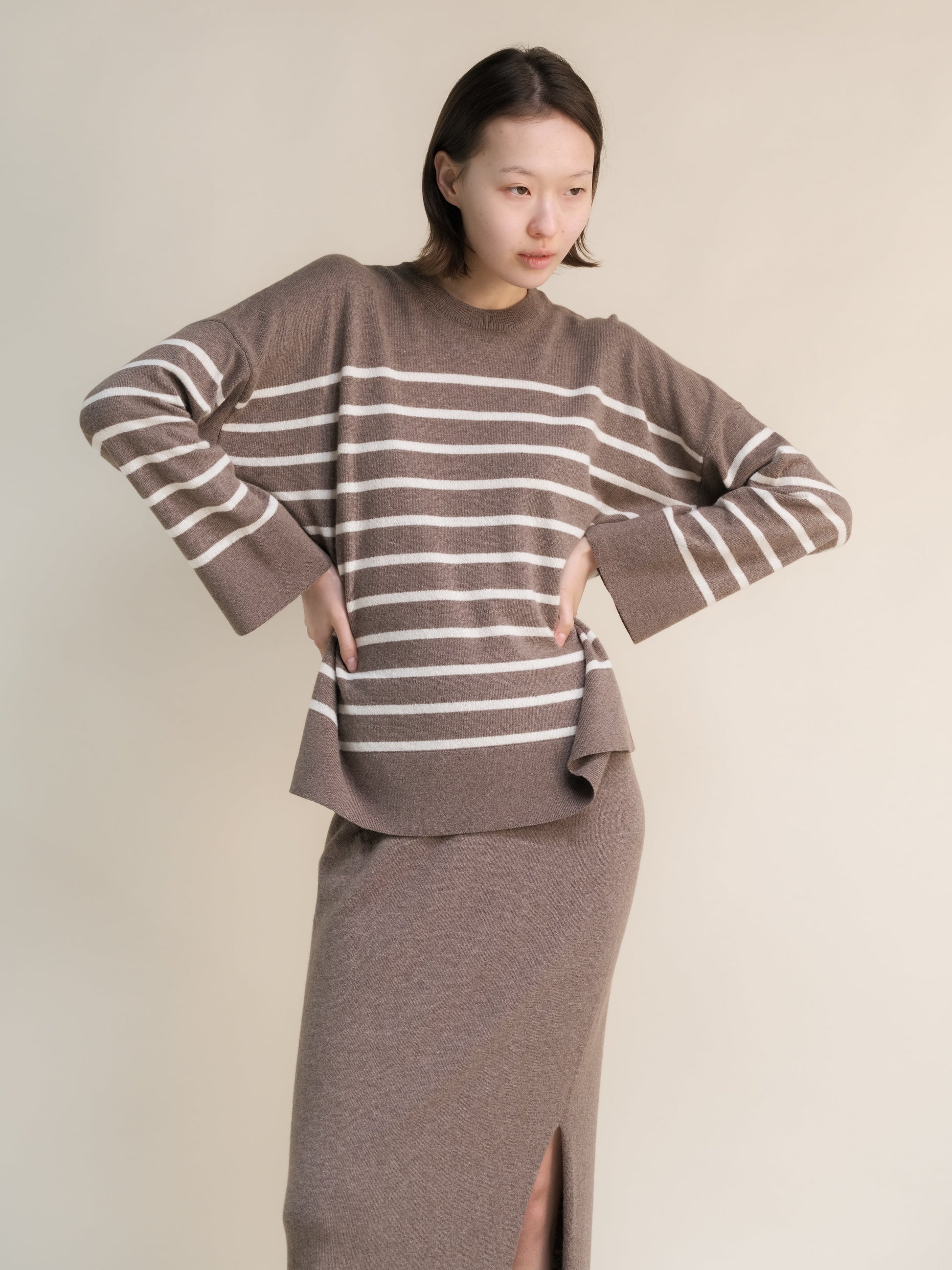 Knitwear Chestnut/Natural White / S Cashmere Mix Striped Crewneck Sweater San Rocco Italia