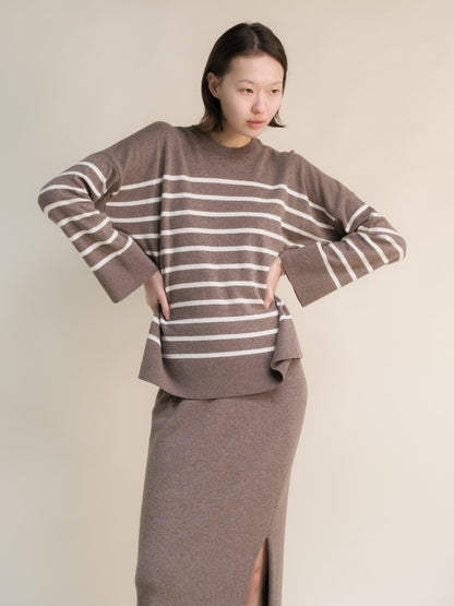 Knitwear Chestnut/Natural White / S Cashmere Mix Striped Crewneck Sweater San Rocco Italia