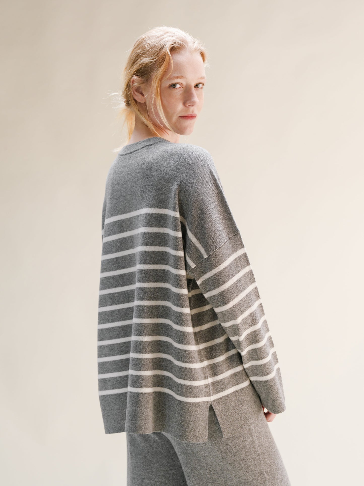 Knitwear Steel Grey/Natural White / S Cashmere Mix Striped Crewneck Sweater San Rocco Italia