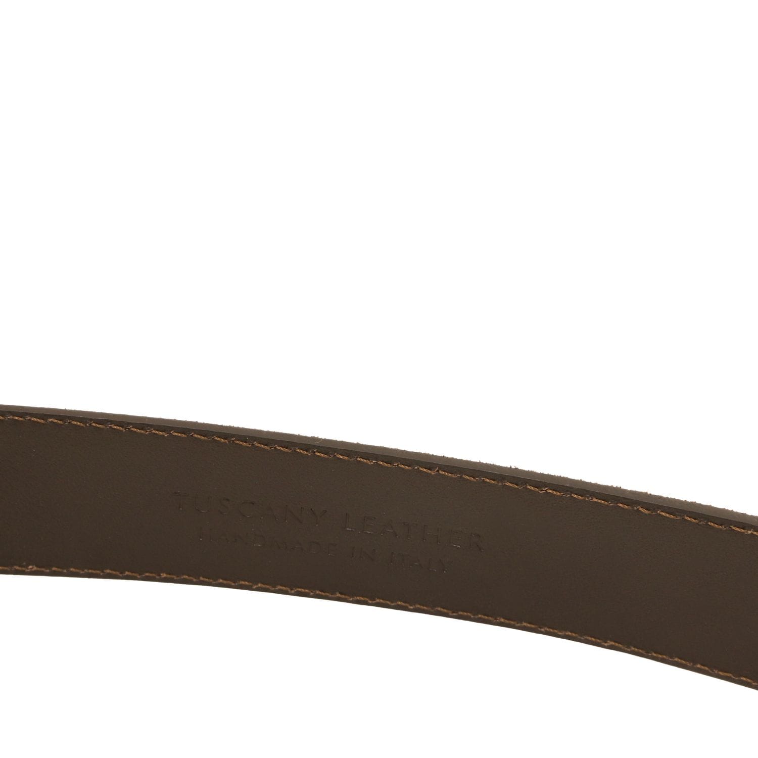 Brown 35mm suede leather belt with neat tan stitches along the edges and subtle embossed branding on the strap