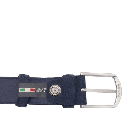 Navy suede belt with a silver buckle and an Italian flag label