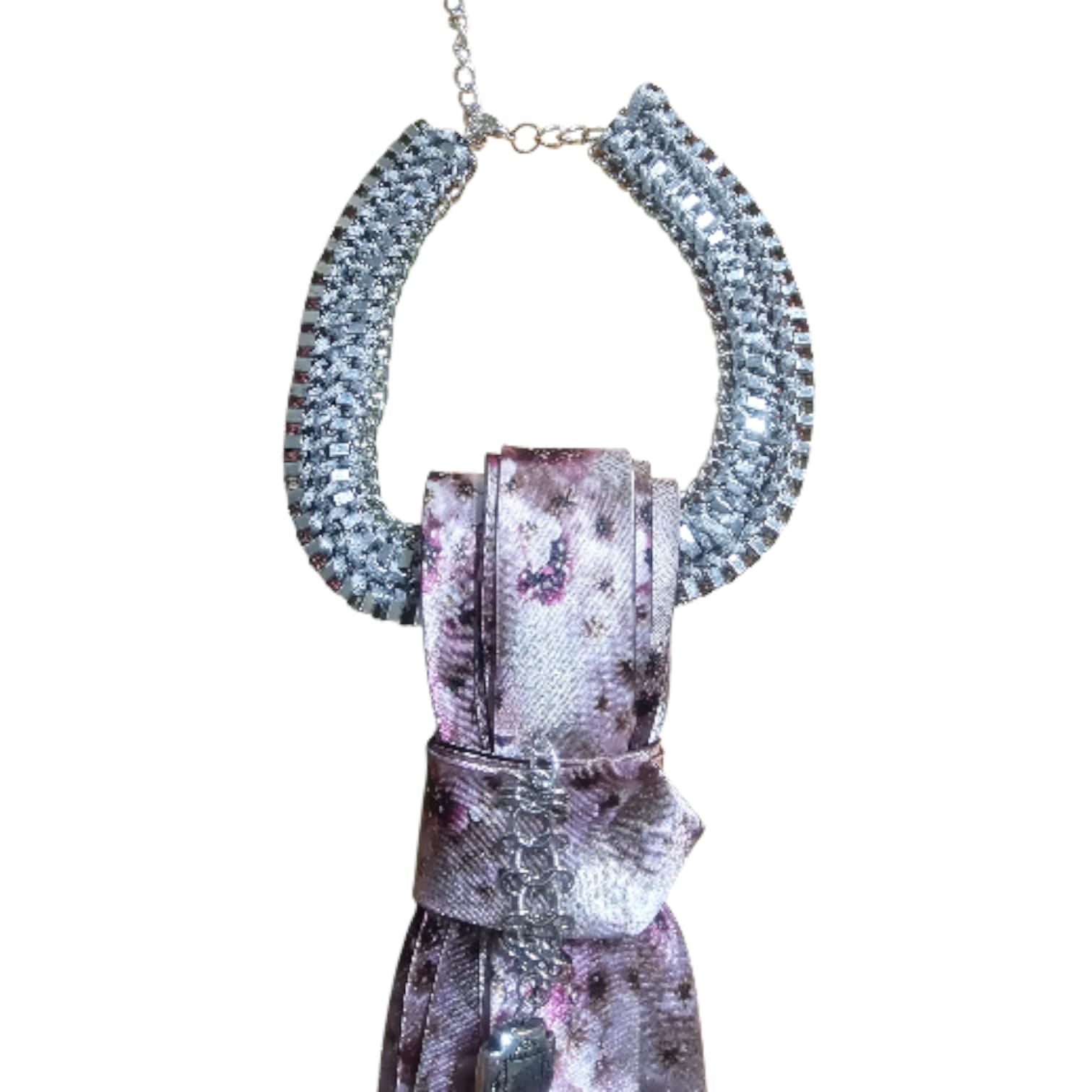 Chunky silver chain necklace draped around a floral purple 4-in-1 Jeweled Tie.