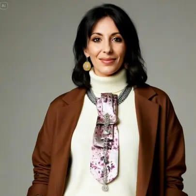 Model wearing Cherry Blossom 4-in-1 Jeweled Tie over a white turtleneck and brown blazer