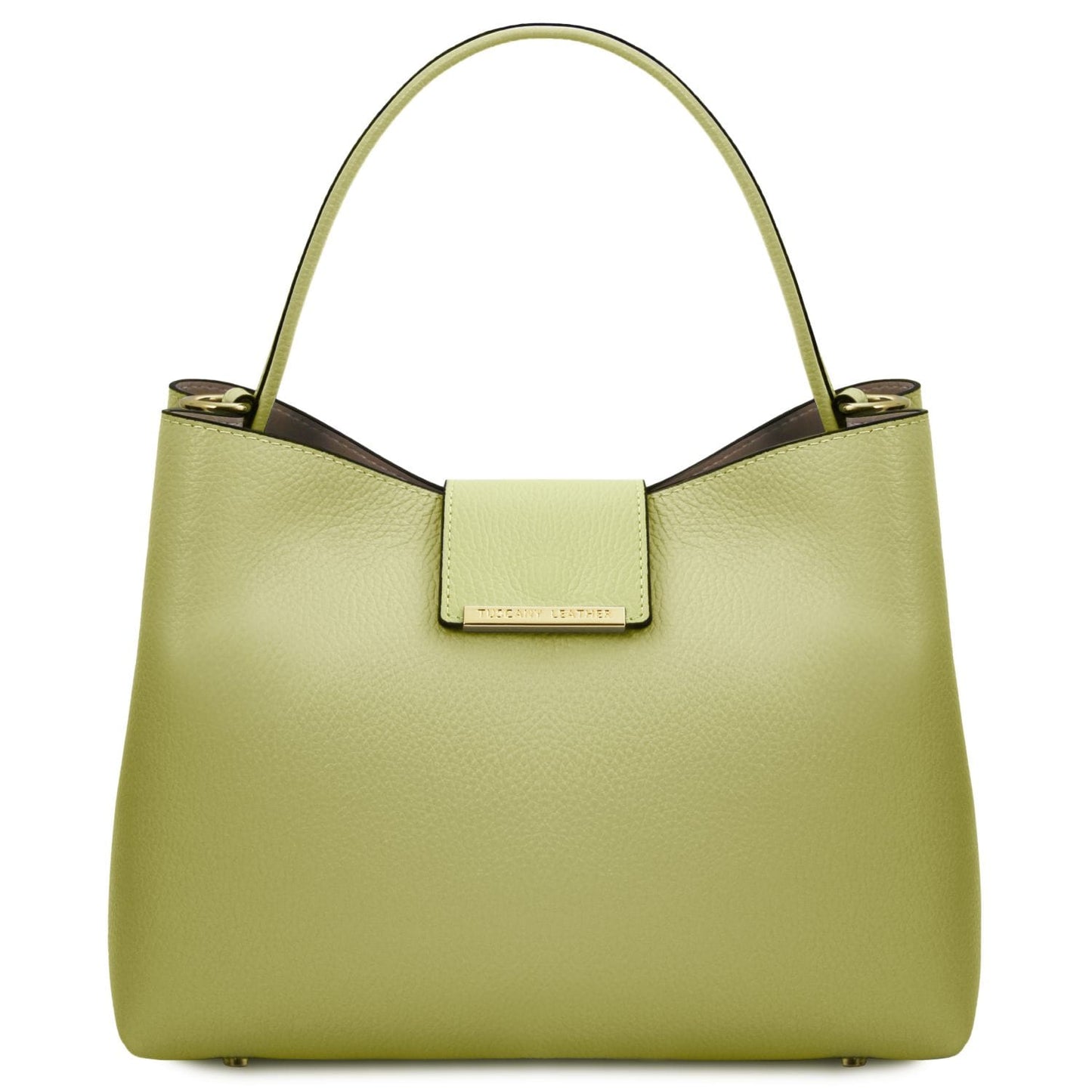 Front view of lime pebble leather bucket bag with short top handle and gold plaque