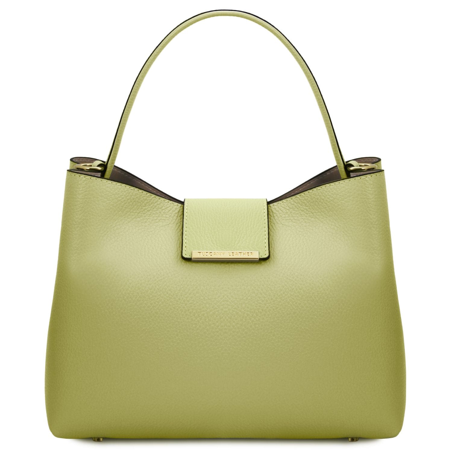 Front view of lime pebble leather bucket bag with short top handle and gold plaque