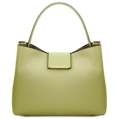 Front view of lime pebble leather bucket bag with short top handle and gold plaque