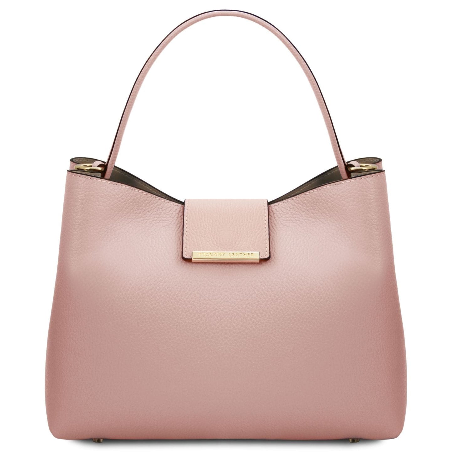 Pink pebbled leather bucket bag with single top handle and gold front plaque