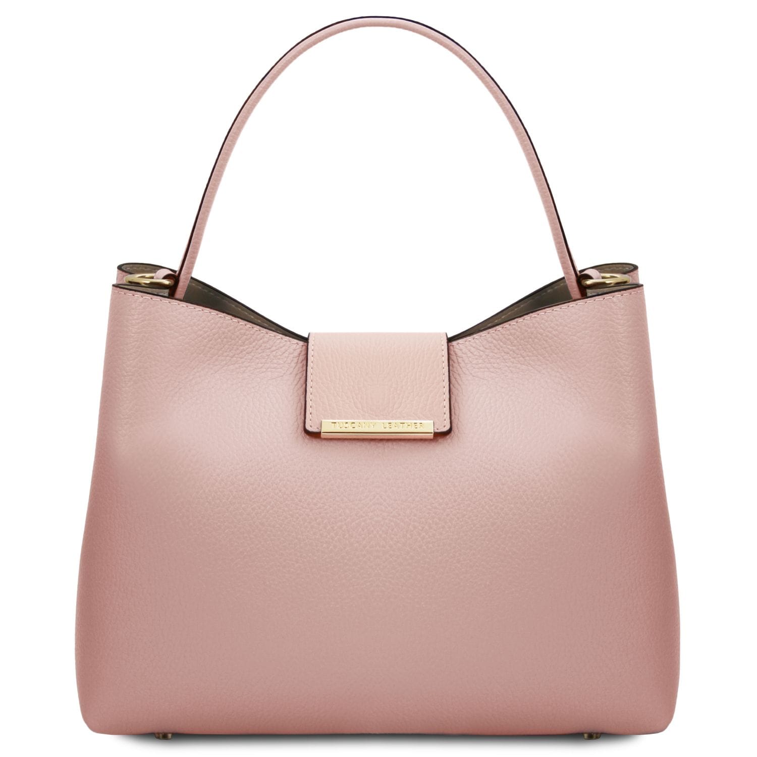 Pink pebbled leather bucket bag with single top handle and gold front plaque