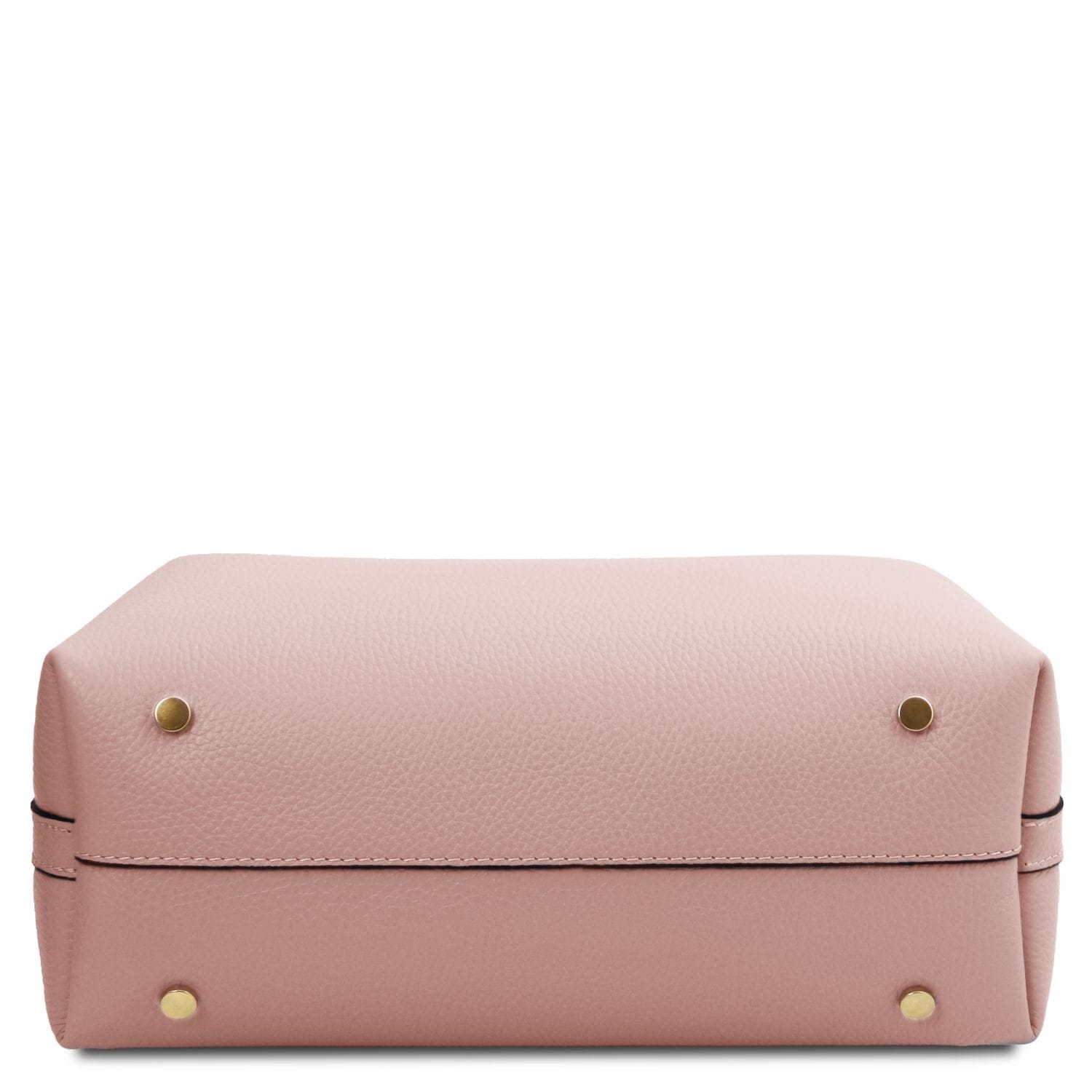 Bottom view of soft pink pebbled leather bucket bag with gold feet.